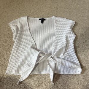 White Ribbed Tie-Front Top